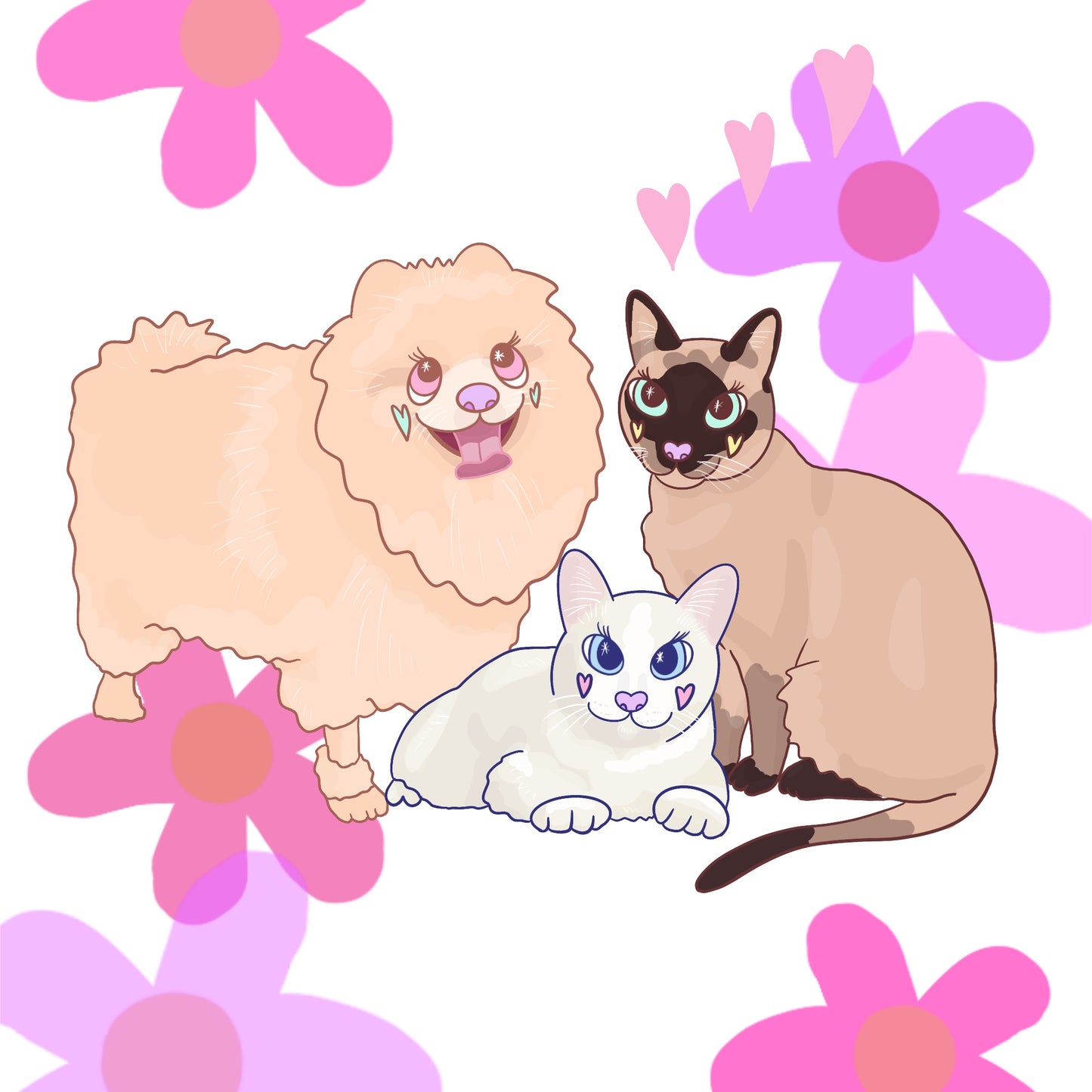 Summer Custom Pet Portrait of 3 Pets